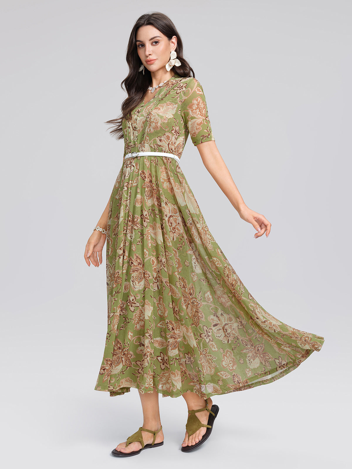 Stretch Print V-neck Pleated Belted Flare Dress (Belt Included)