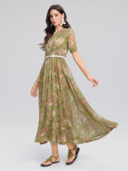 Stretch Print V-neck Pleated Belted Flare Dress (Belt Included)
