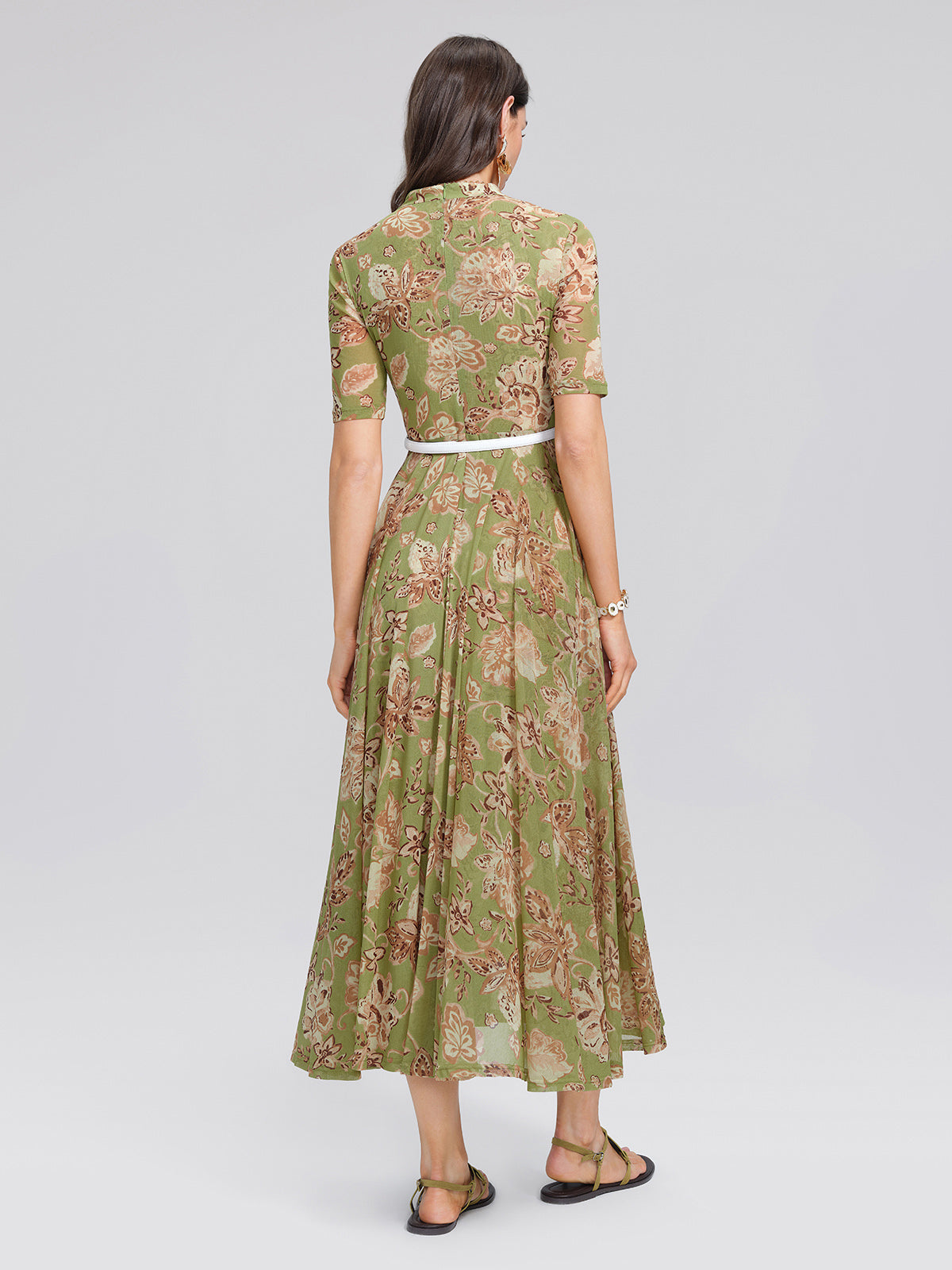 Stretch Print V-neck Pleated Belted Flare Dress (Belt Included)