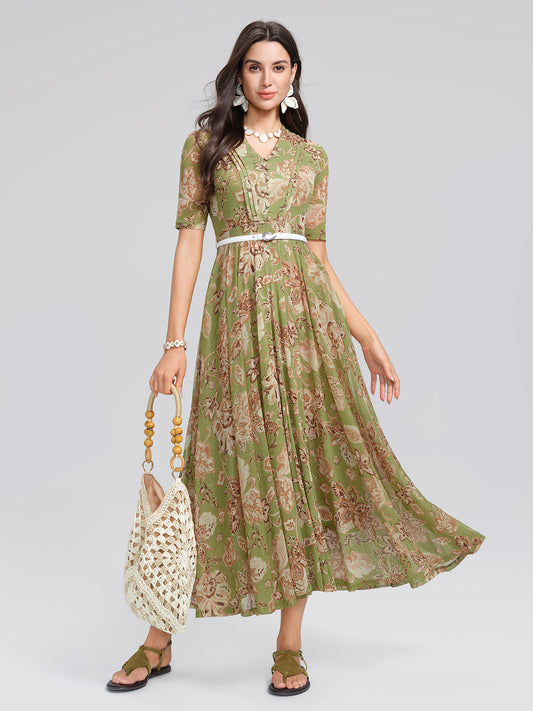 Stretch Print V-neck Pleated Belted Flare Dress (Belt Included)