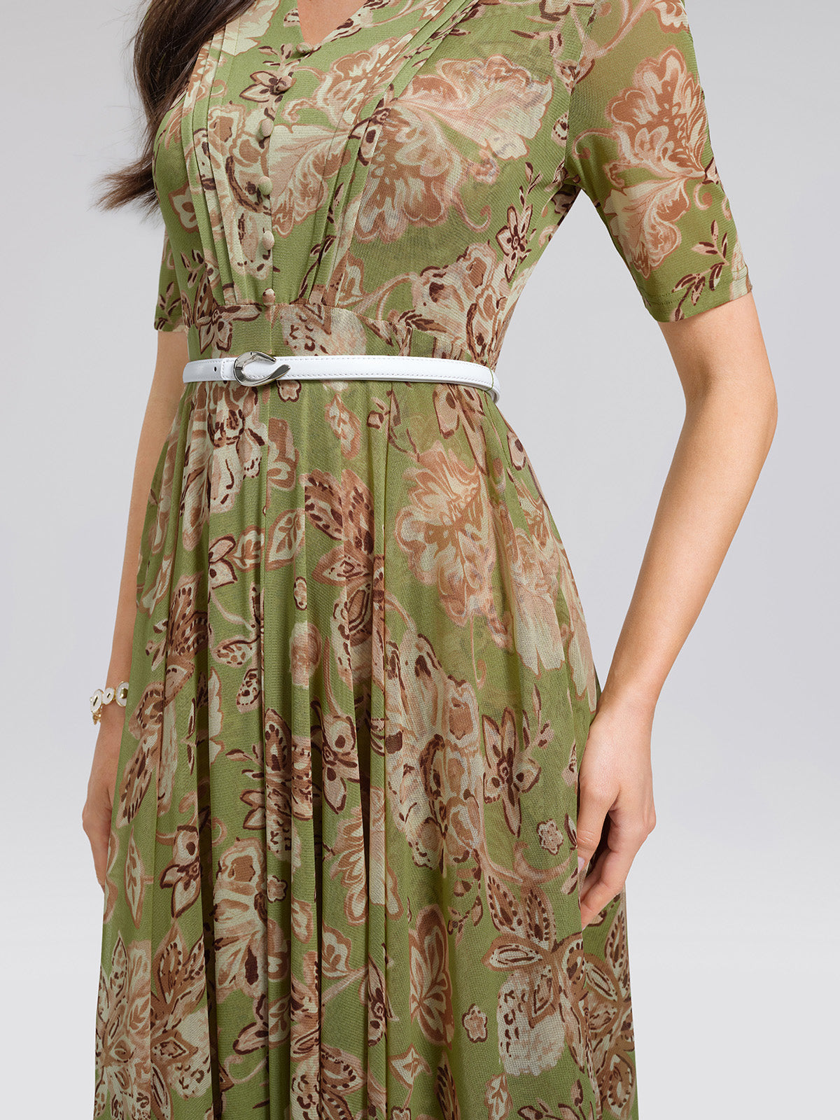 Stretch Print V-neck Pleated Belted Flare Dress (Belt Included)