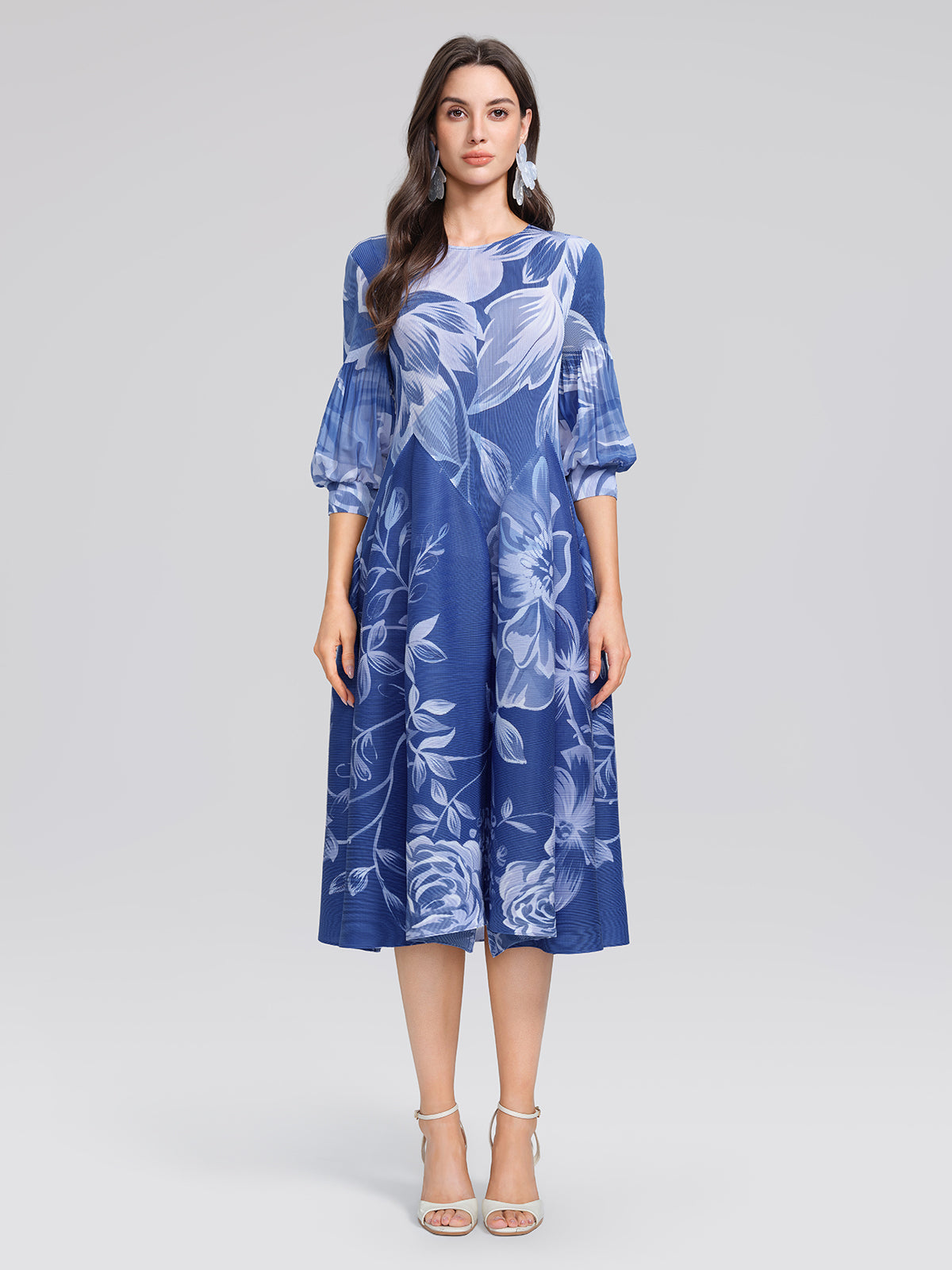 Pleated Print Lantern Sleeve Maxi Dress