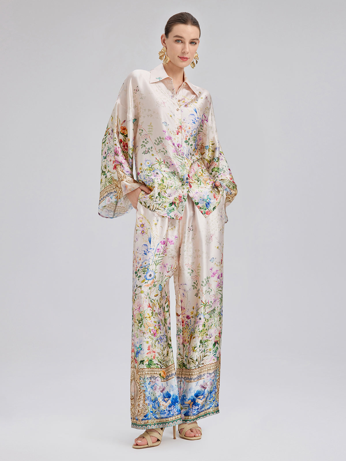 Silk Satin Floral Print Pants (100% Silk)