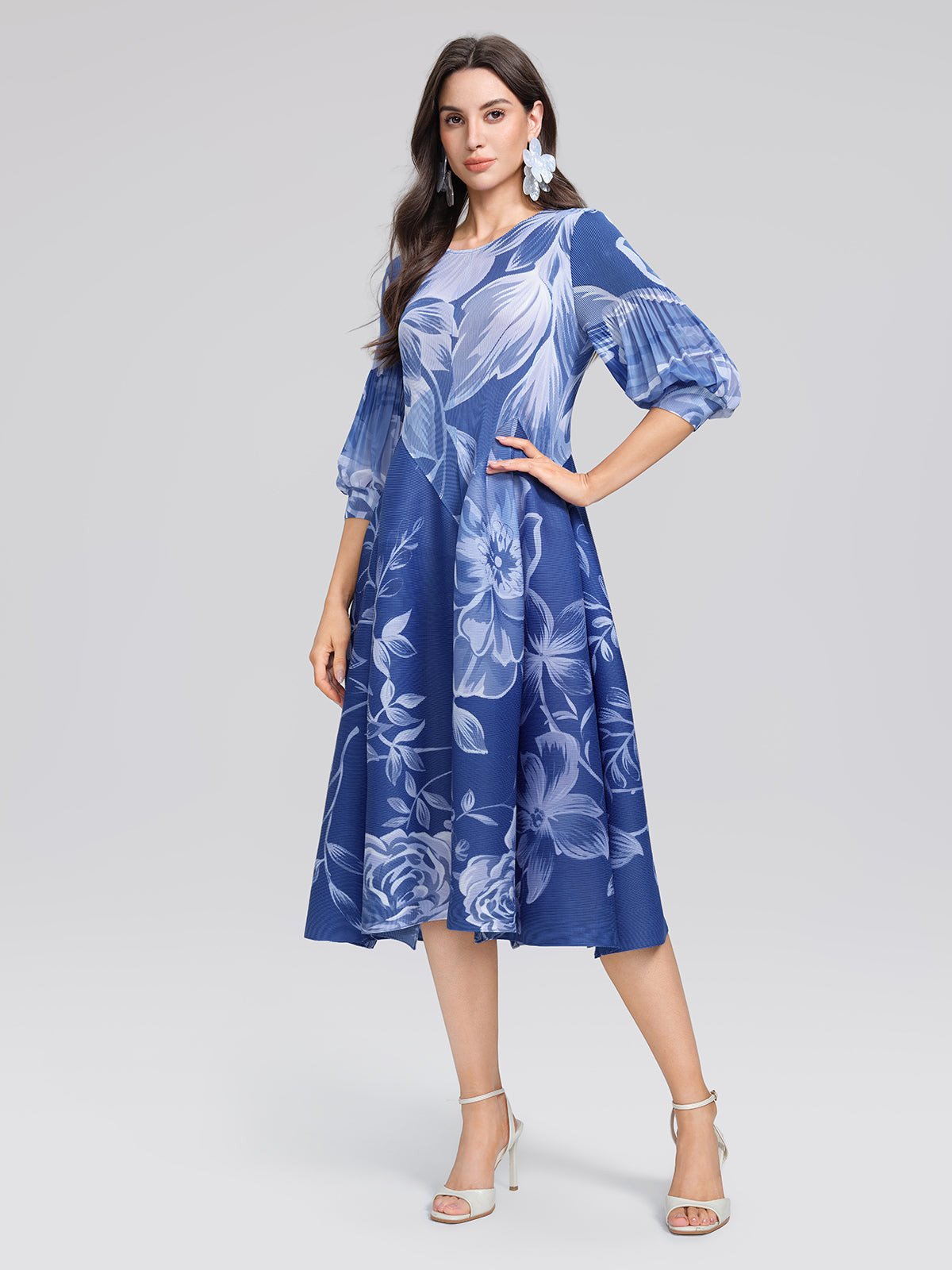 Pleated Print Lantern Sleeve Maxi Dress