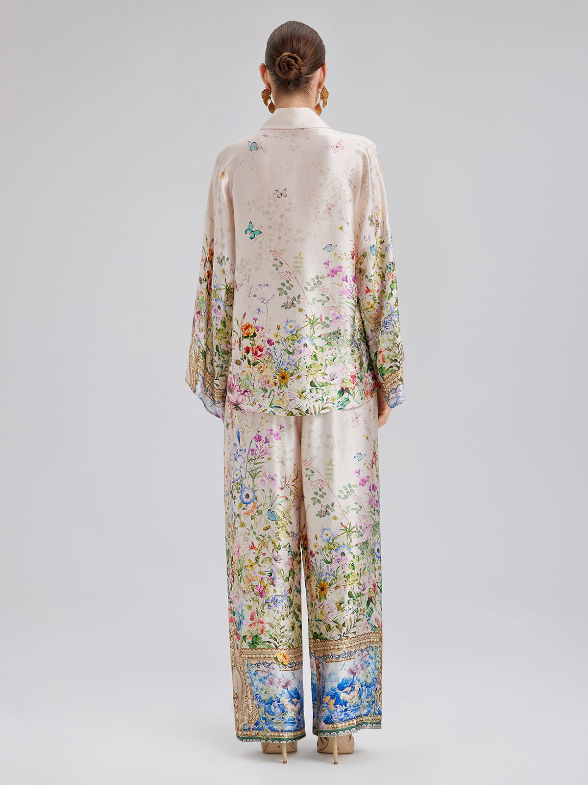 Silk Satin Floral Print Pants (100% Silk)
