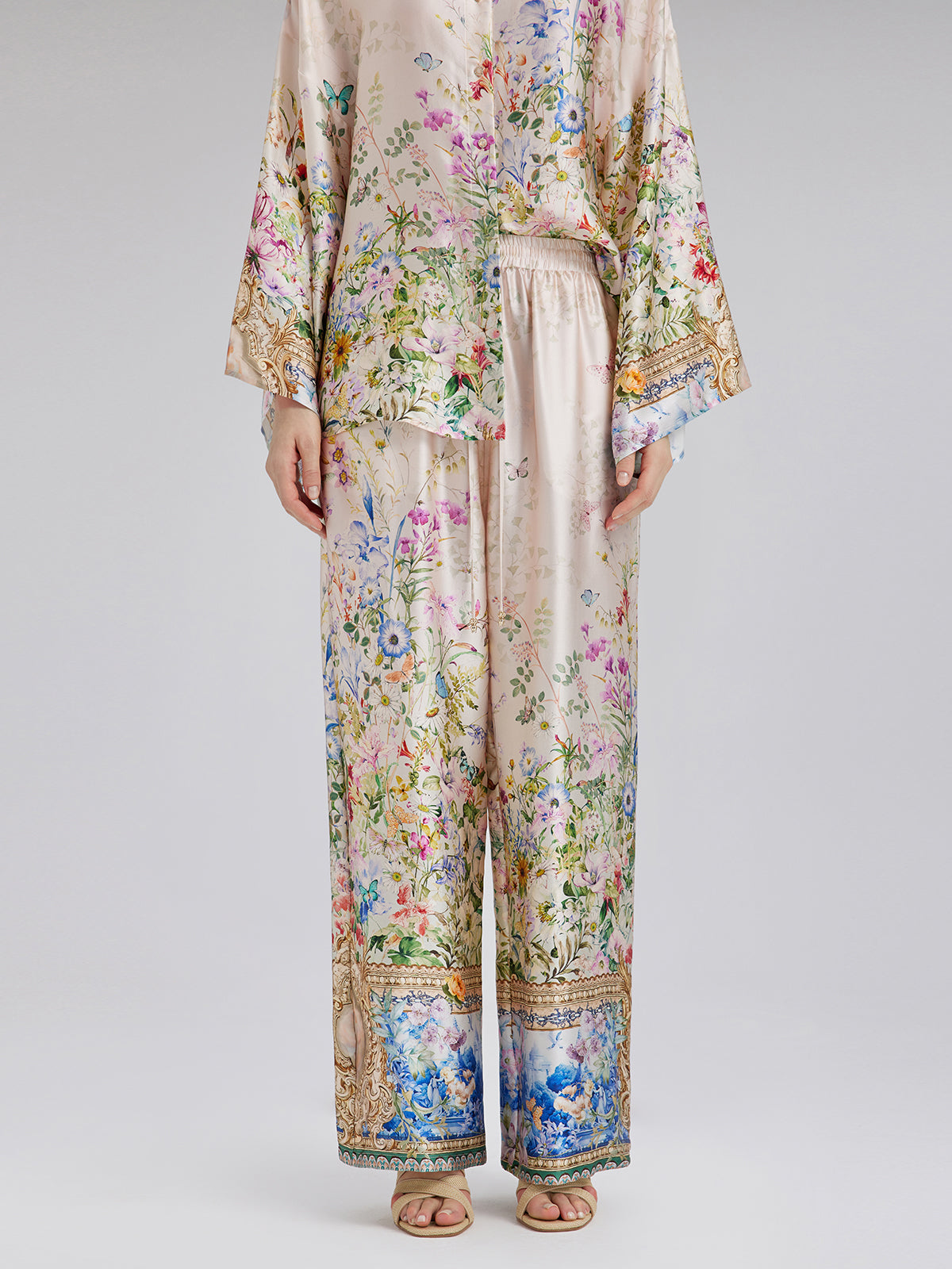 Silk Satin Floral Print Pants (100% Silk)