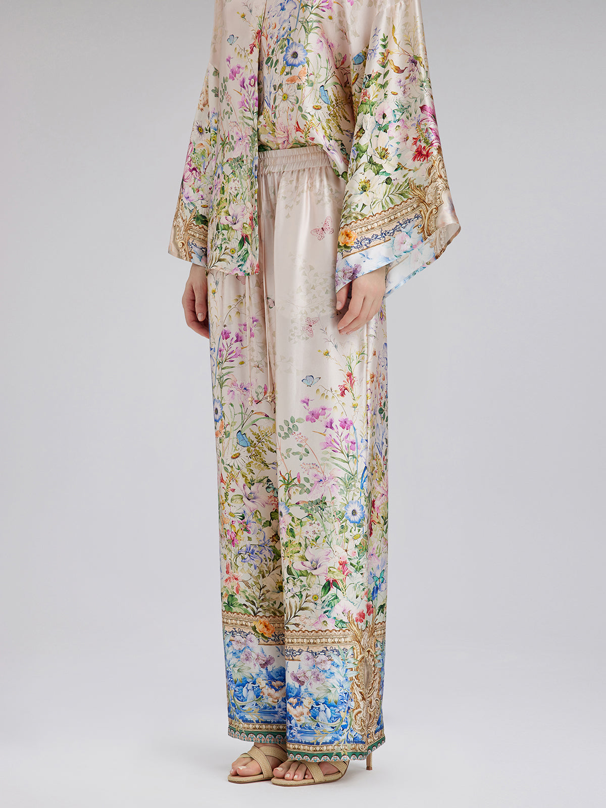 Silk Satin Floral Print Pants (100% Silk)
