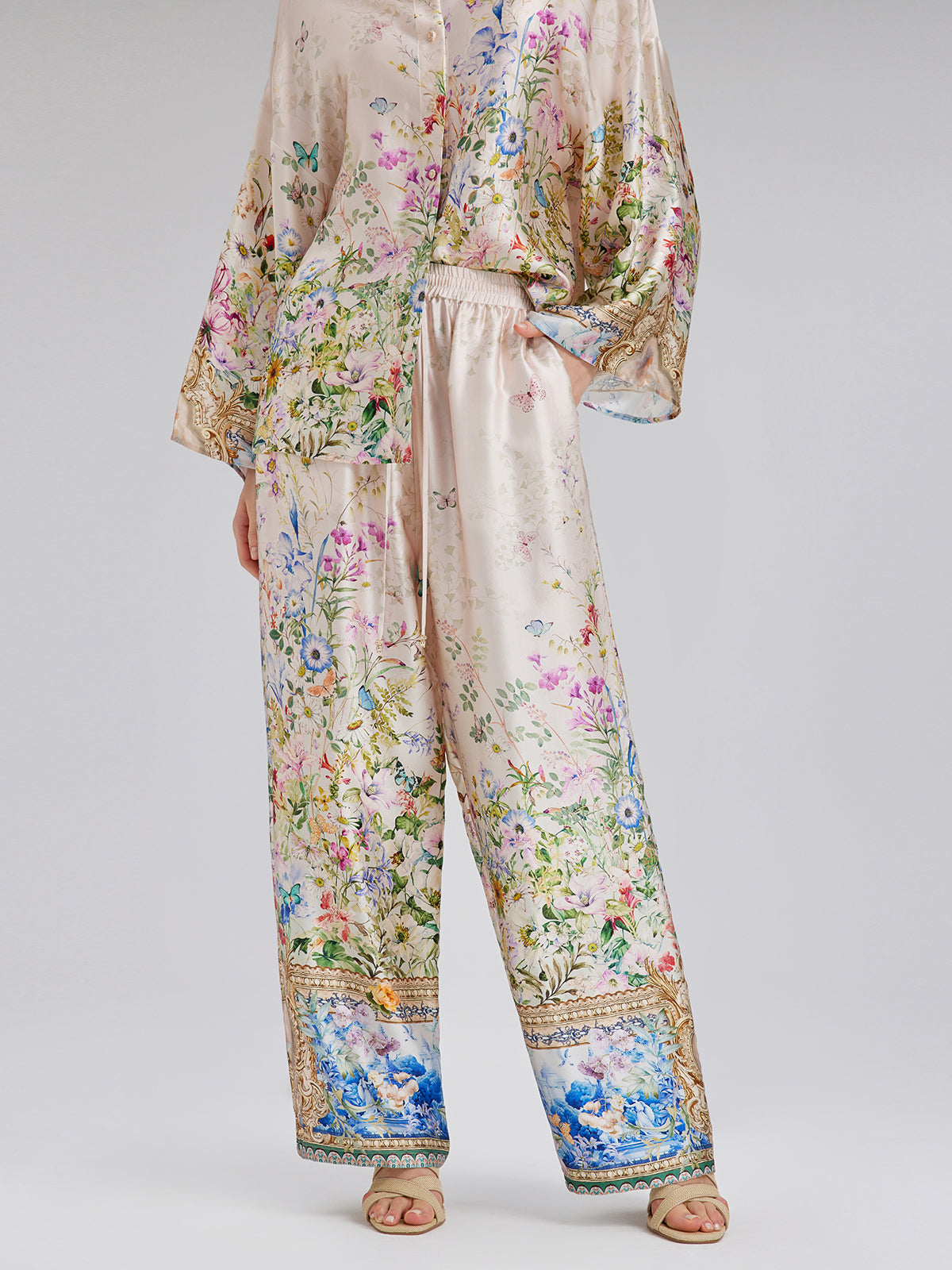 Silk Satin Floral Print Pants (100% Silk)