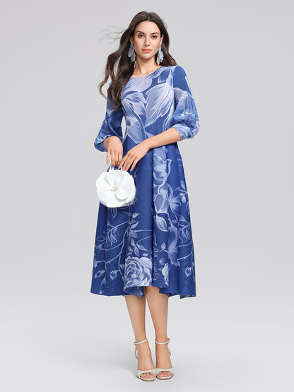 Pleated Print Lantern Sleeve Maxi Dress