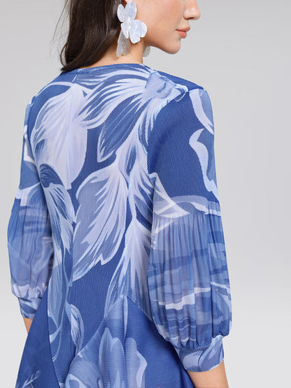 Pleated Print Lantern Sleeve Maxi Dress