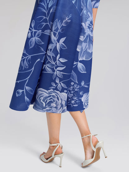 Pleated Print Lantern Sleeve Maxi Dress