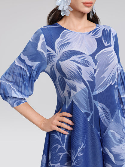 Pleated Print Lantern Sleeve Maxi Dress