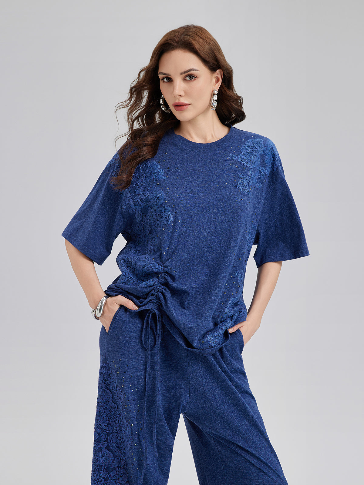 Final Sale | Hand-Lace Appliqué Knit Ruching Top
