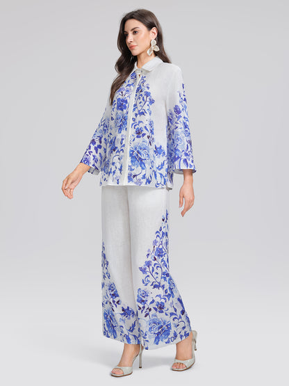 100% Linen Lapel Flared Sleeve Shirt
