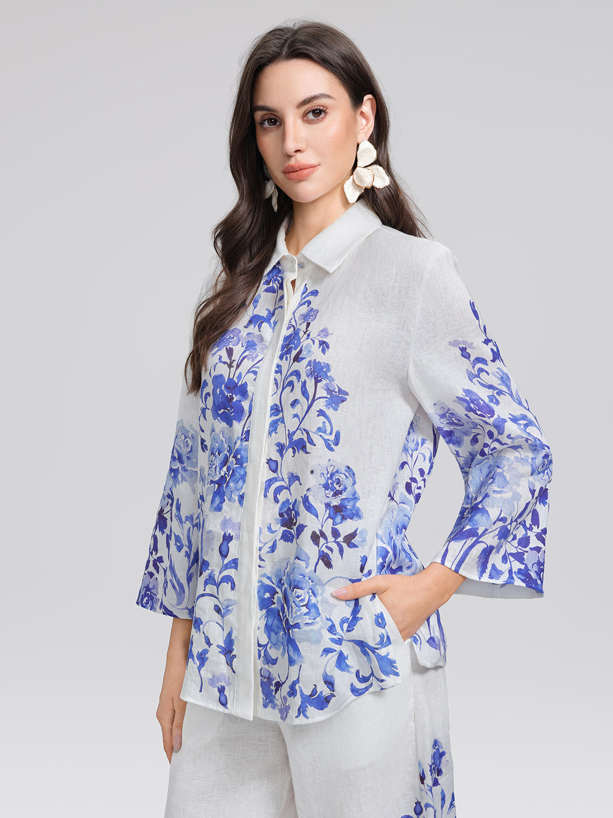 100% Linen Lapel Flared Sleeve Shirt