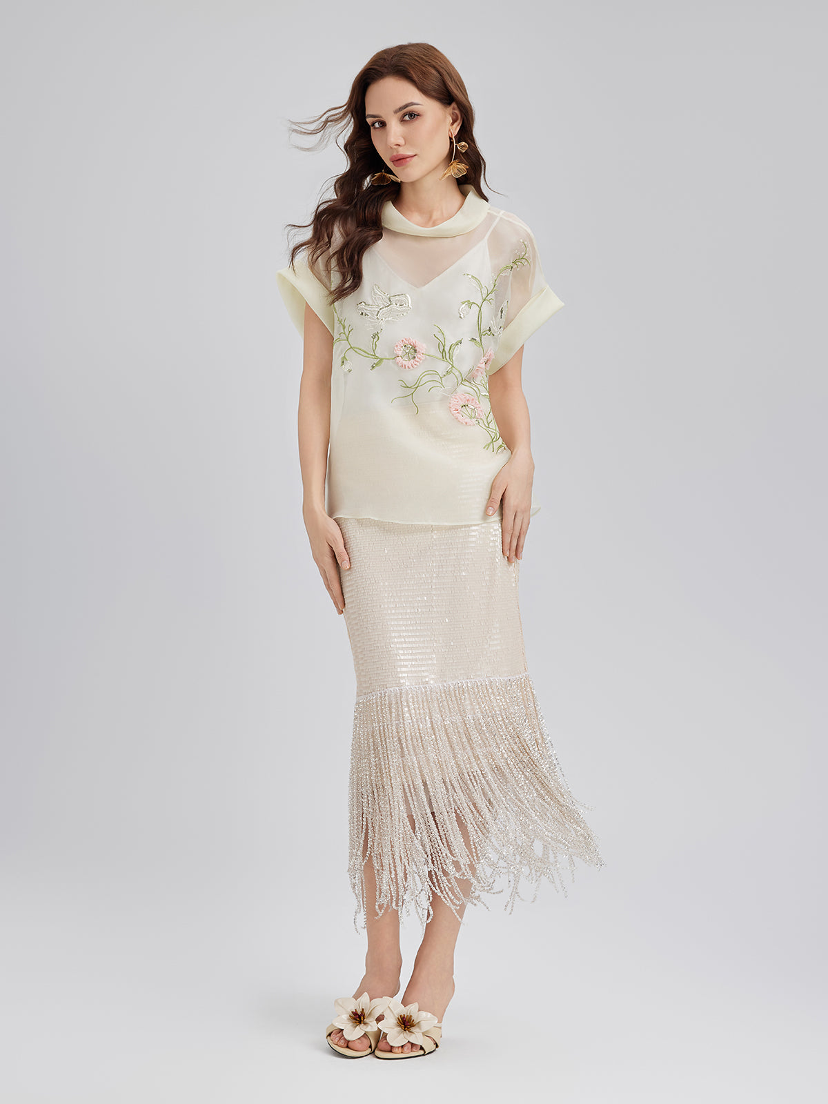 Sequin Crystal Fringe Split Skirt