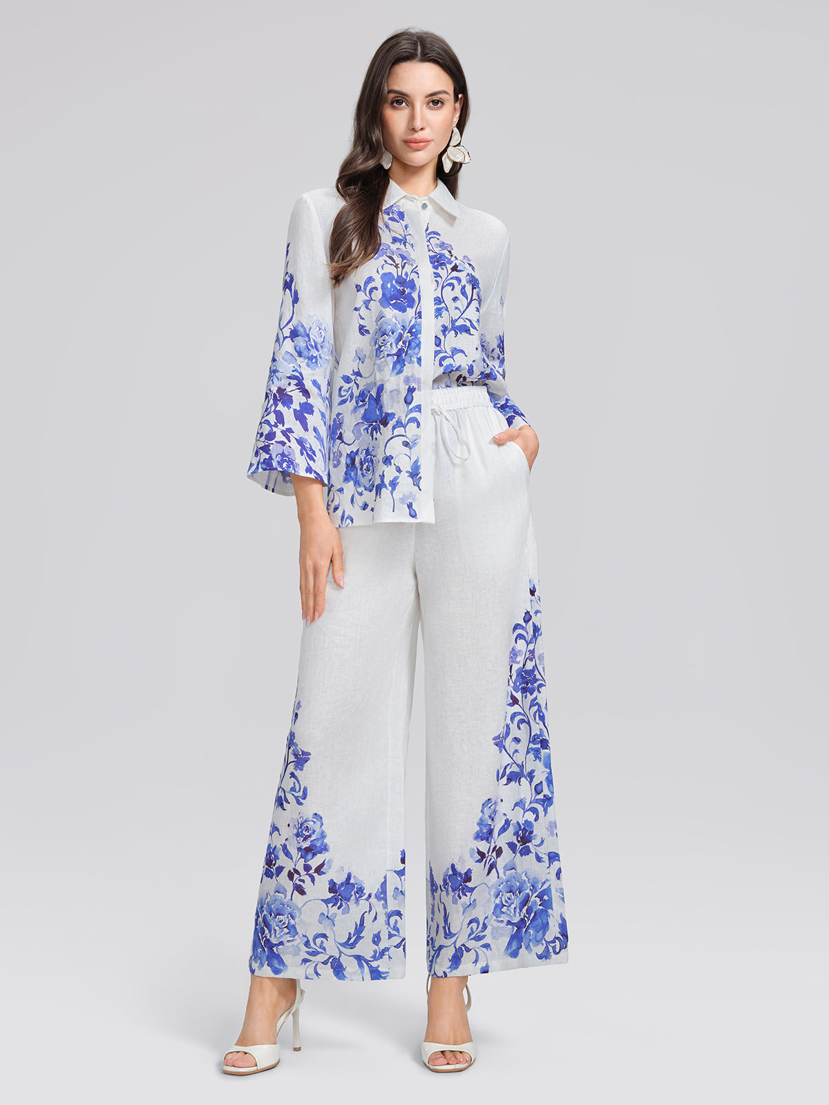 100% Linen Drawstring Wide-Leg Pants