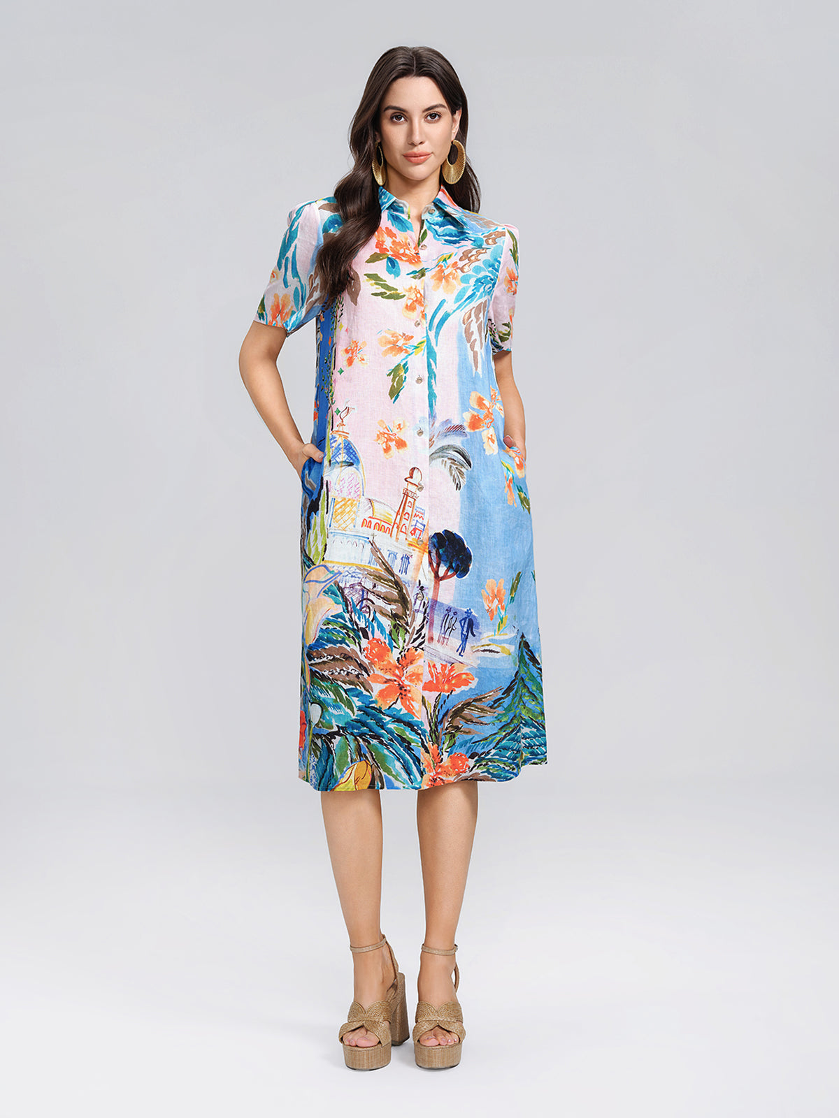 100% Linen Island Oil Print Shirt Dress