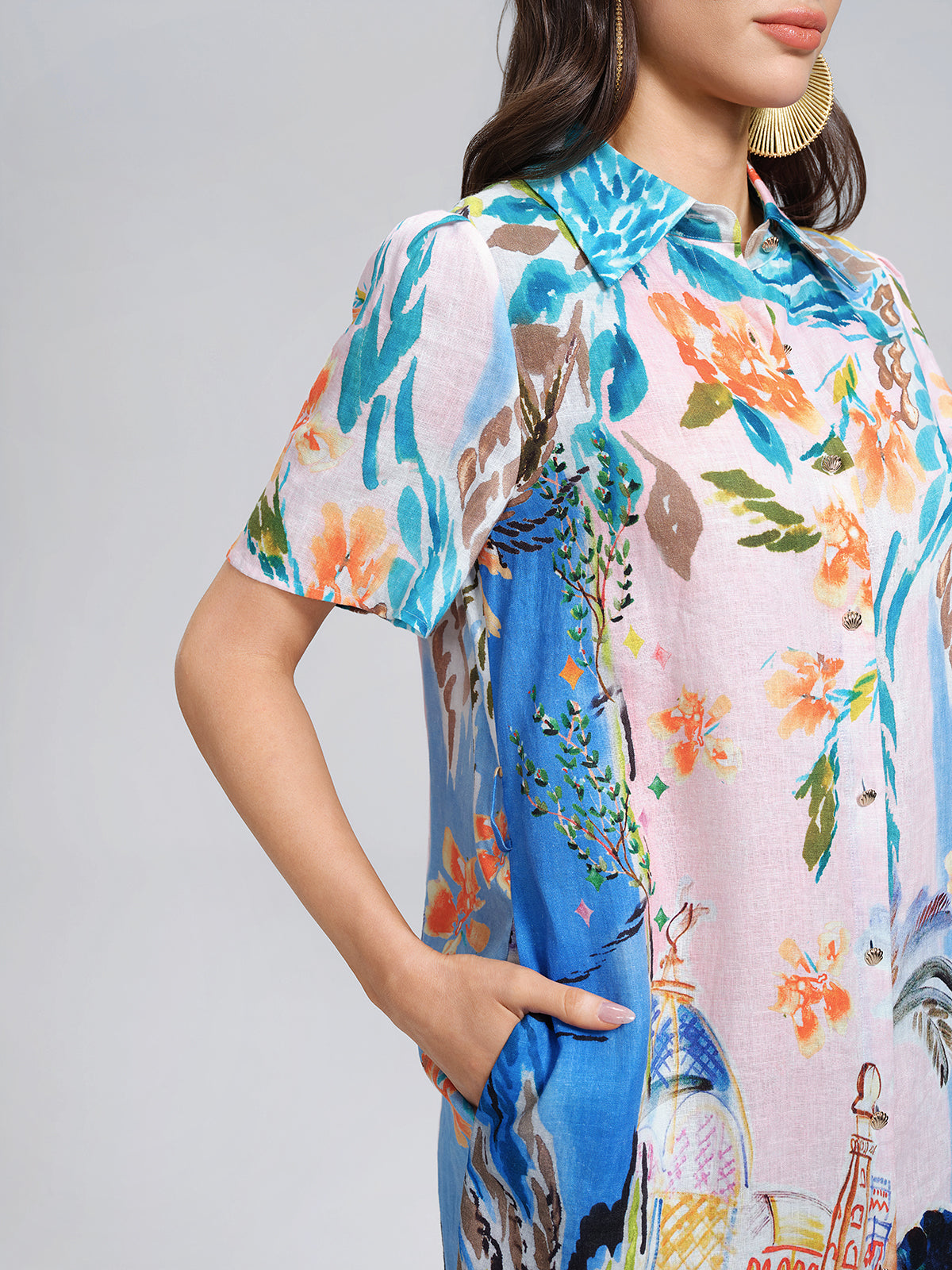 100% Linen Island Oil Print Shirt Dress