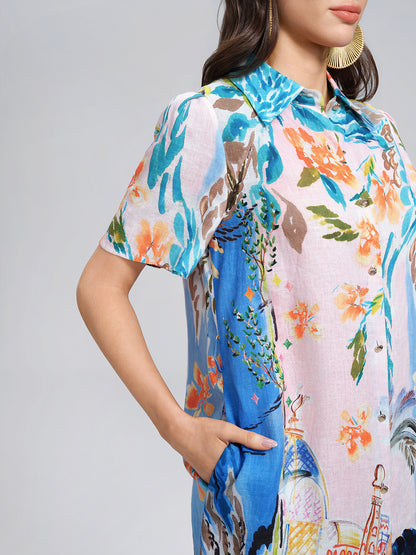 100% Linen Island Oil Print Shirt Dress