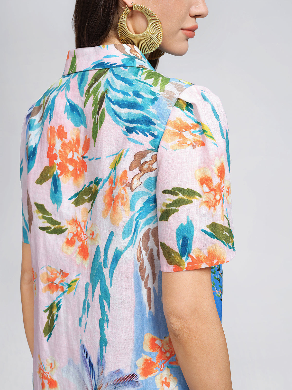 100% Linen Island Oil Print Shirt Dress