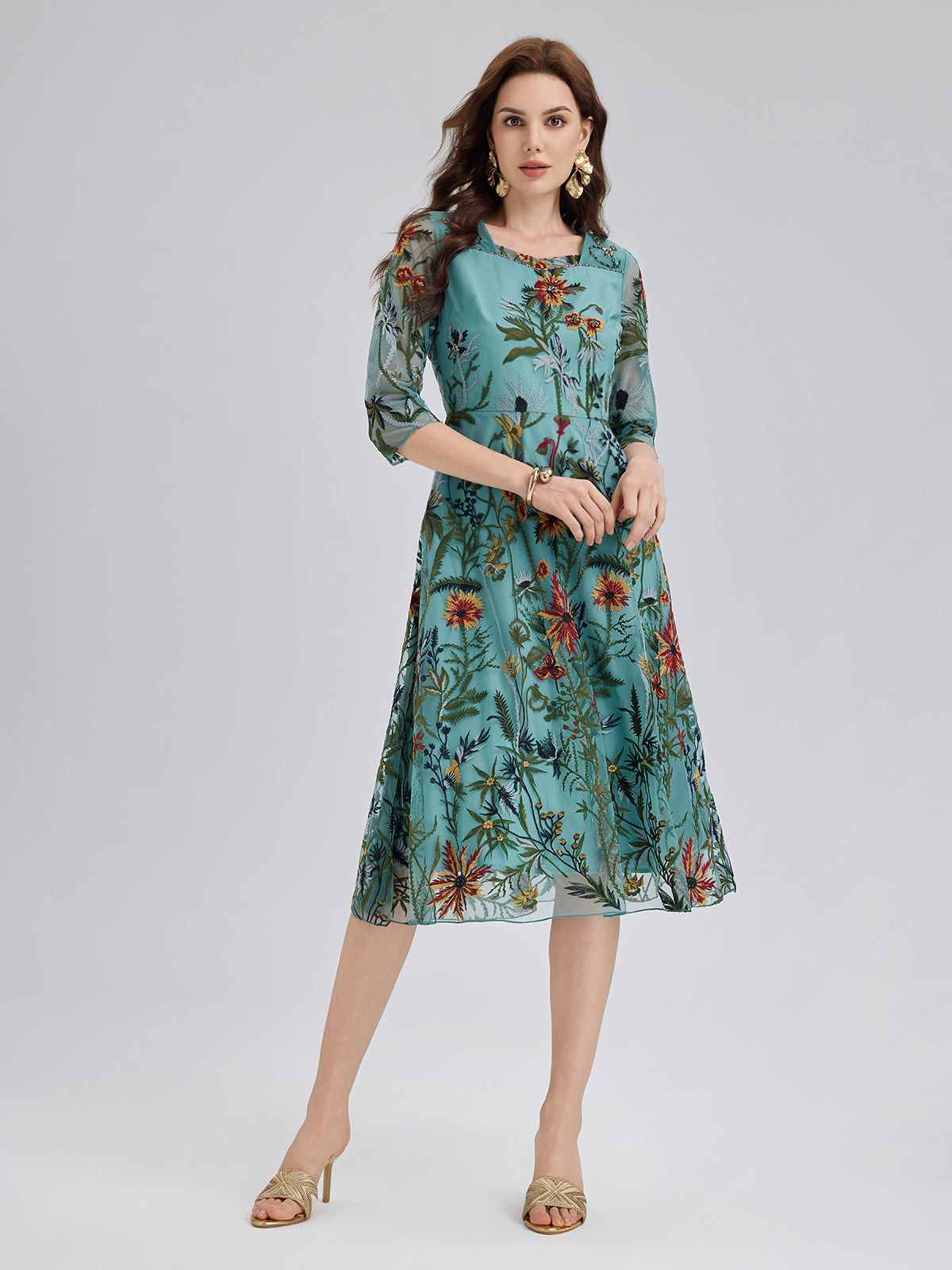 Richradiqs Hand-Beaded Floral Embroidered Vacation Dress for Women, GREEN / M Richradiqs Hand-Beaded Floral Embroidered Vacation Dress for Women, GREEN / M