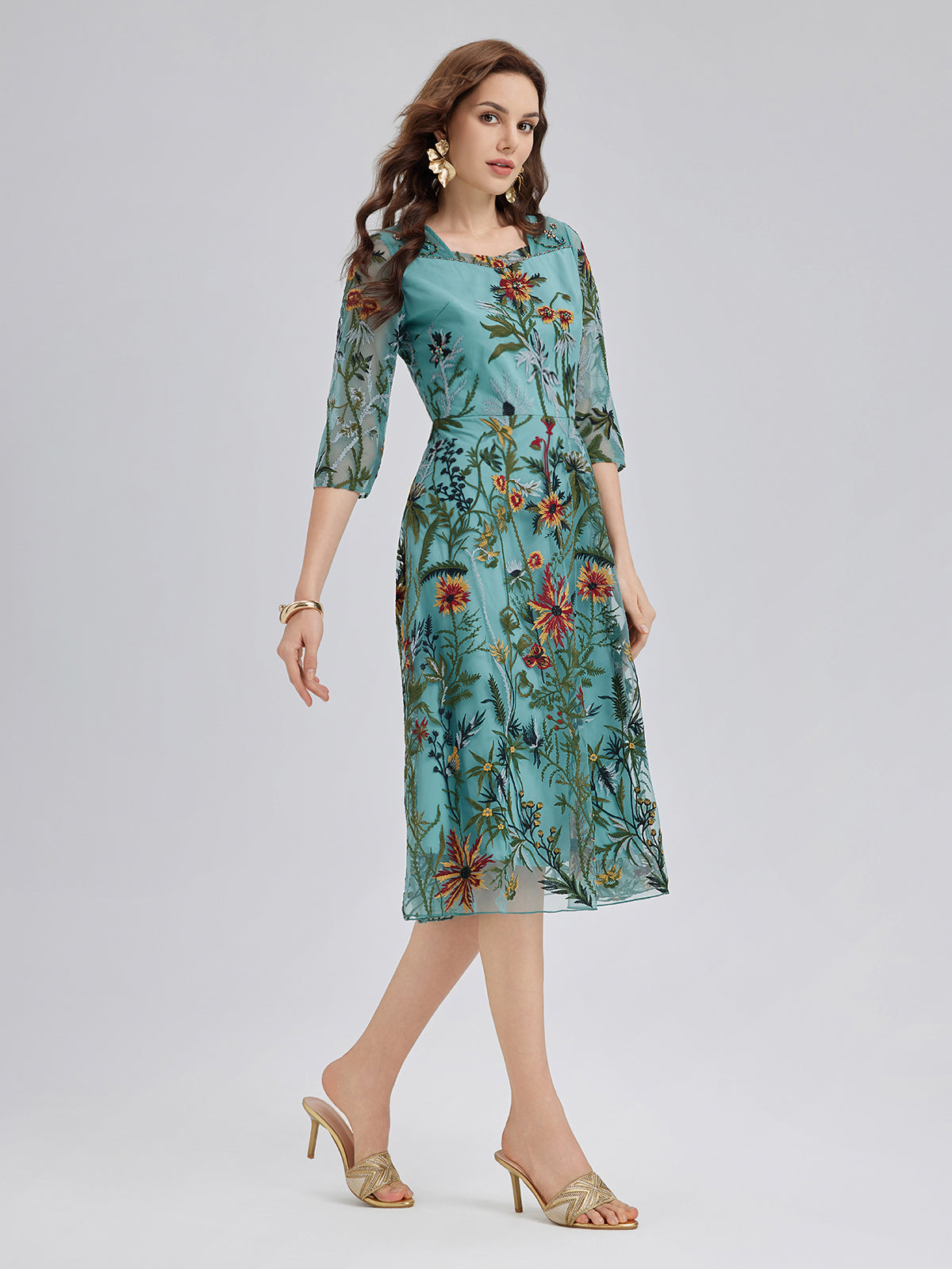 Richradiqs Hand-Beaded Floral Embroidered Vacation Dress for Women, GREEN / M