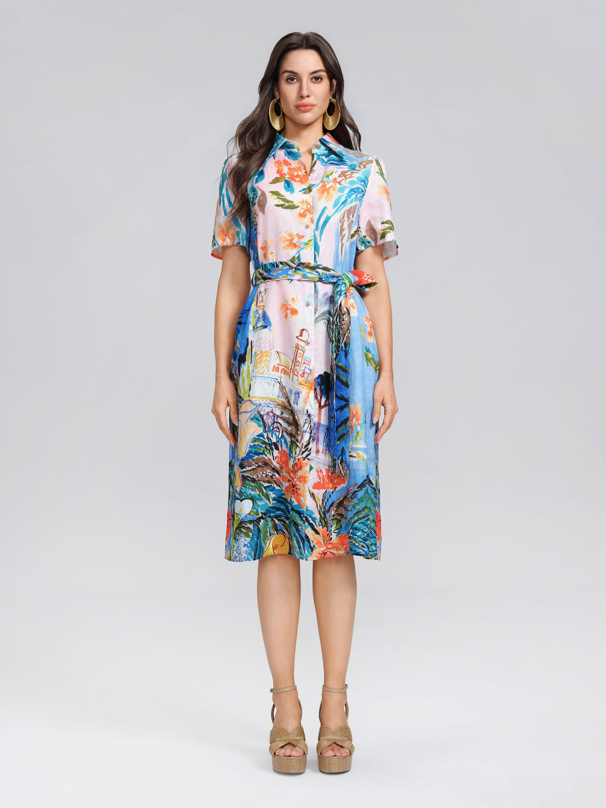 100% Linen Island Oil Print Shirt Dress
