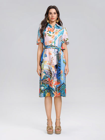 100% Linen Island Oil Print Shirt Dress