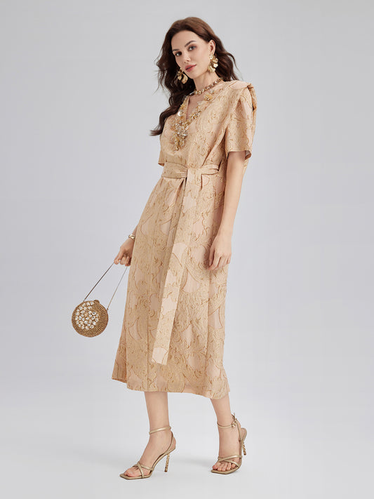 Metallic Jacquard Beaded Padded Shoulders Dress