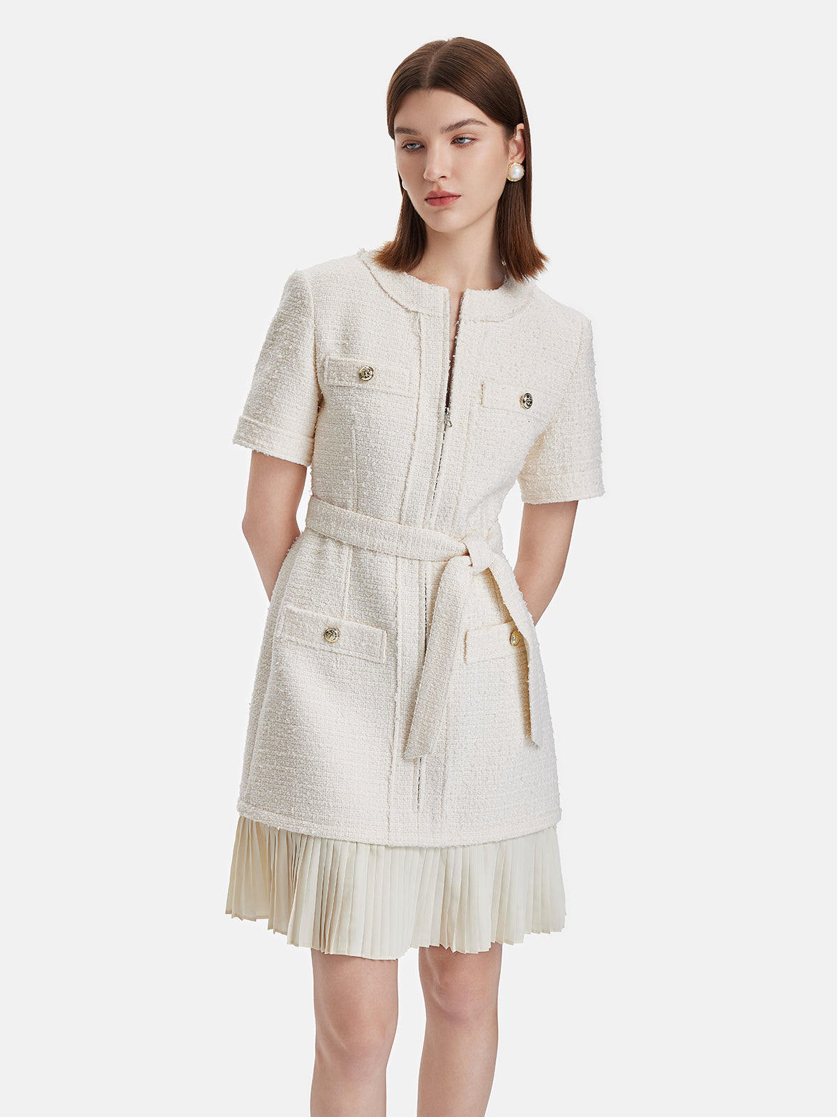 Classic Tweed Mini Dress With Belt