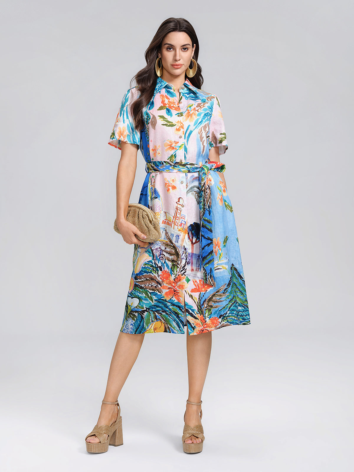 100% Linen Island Oil Print Shirt Dress