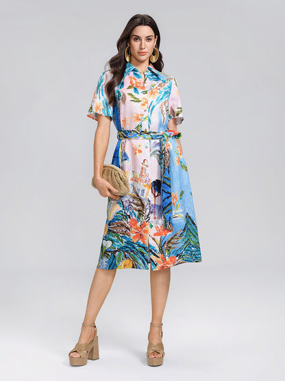 100% Linen Island Oil Print Shirt Dress