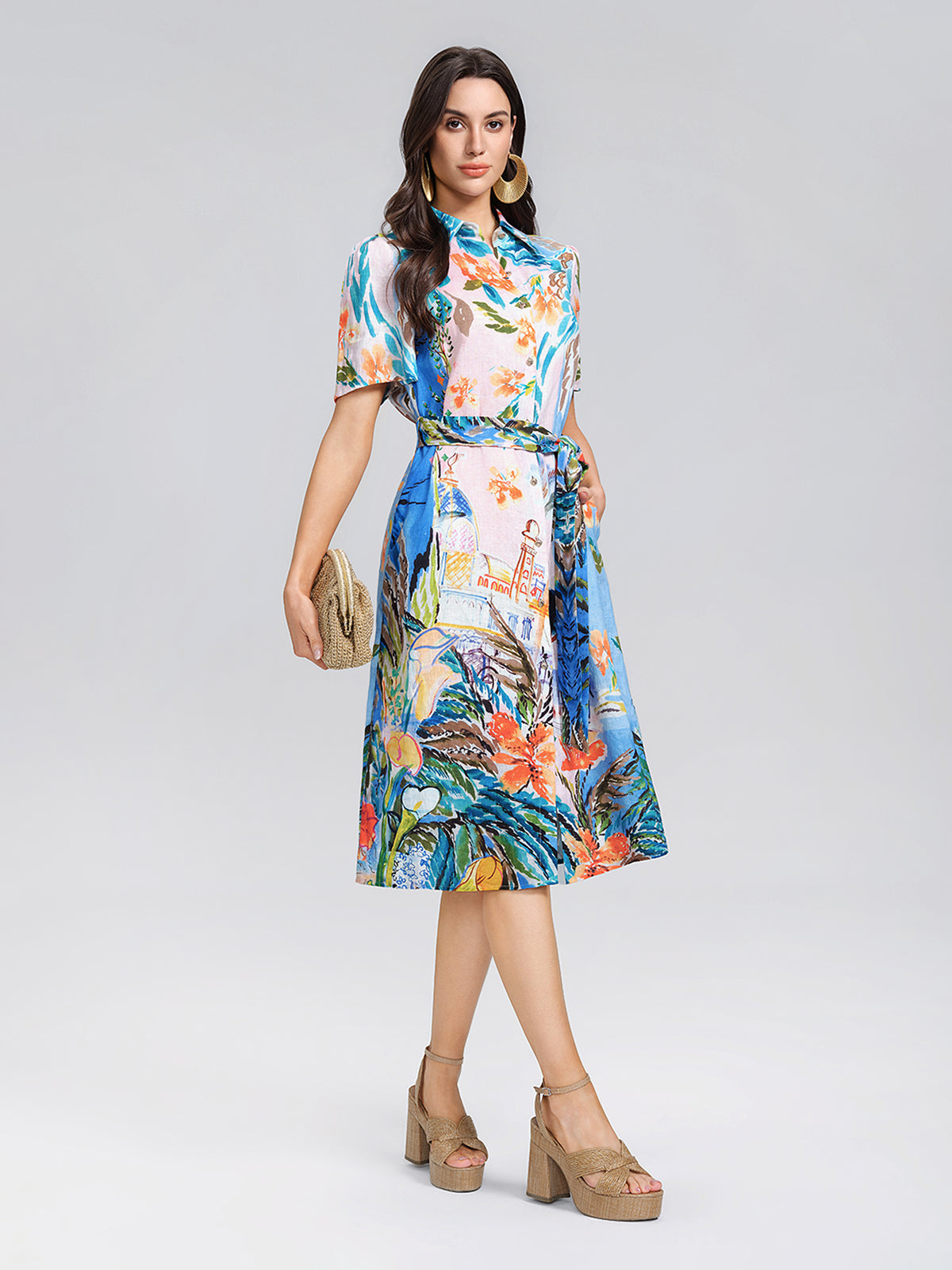 100% Linen Island Oil Print Shirt Dress