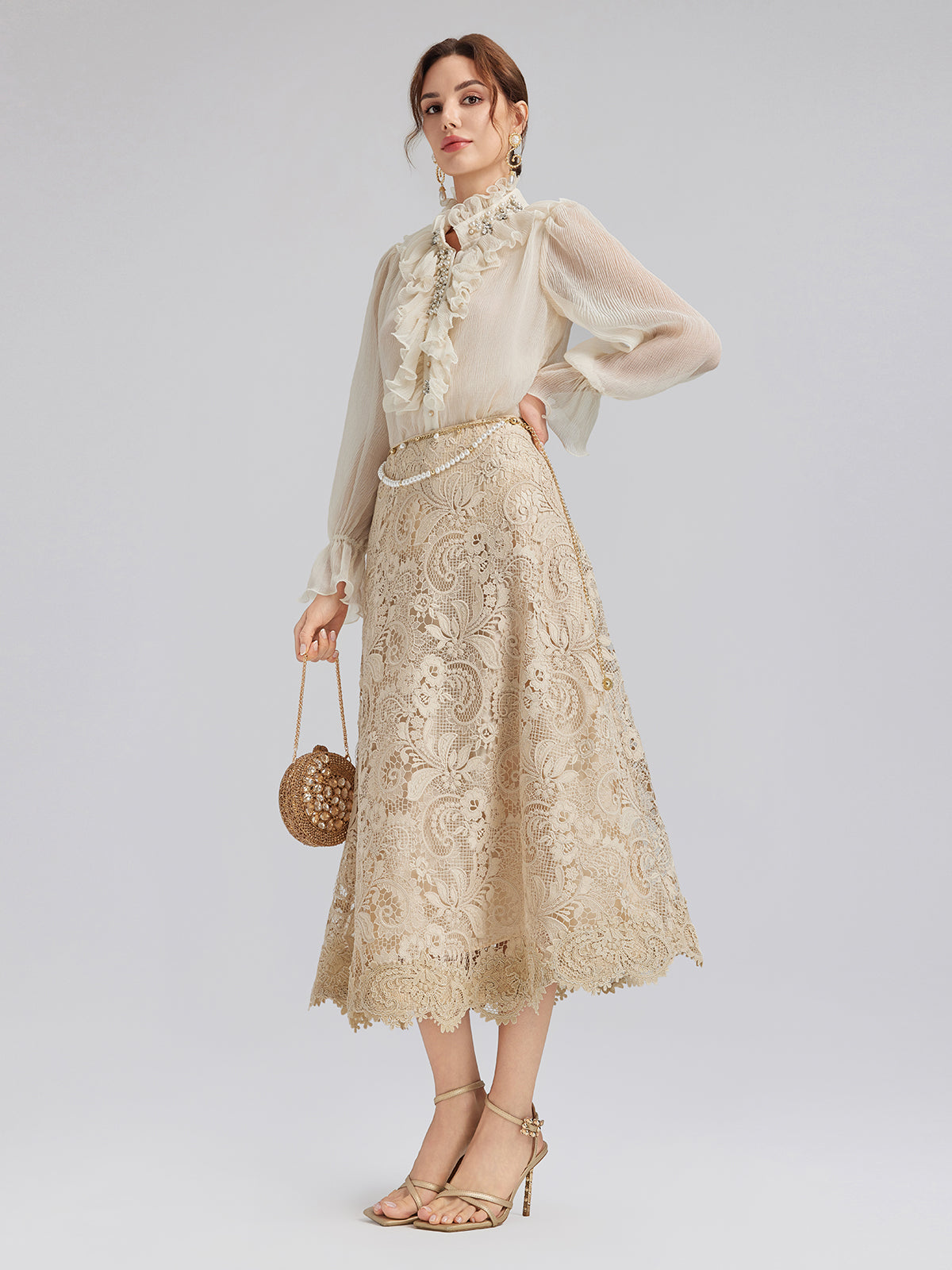 Ruffled Stand Collar Beaded Shirt