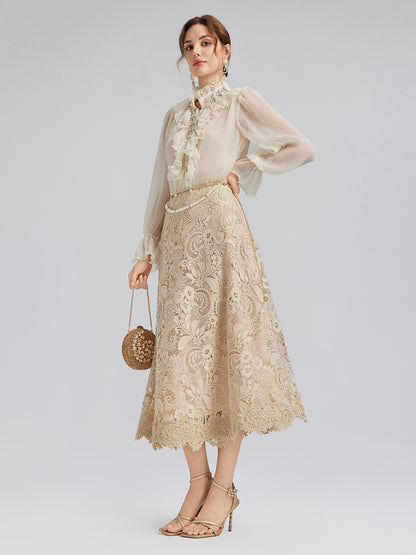 Ruffled Stand Collar Beaded Shirt