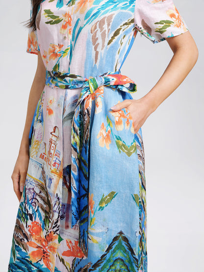 100% Linen Island Oil Print Shirt Dress