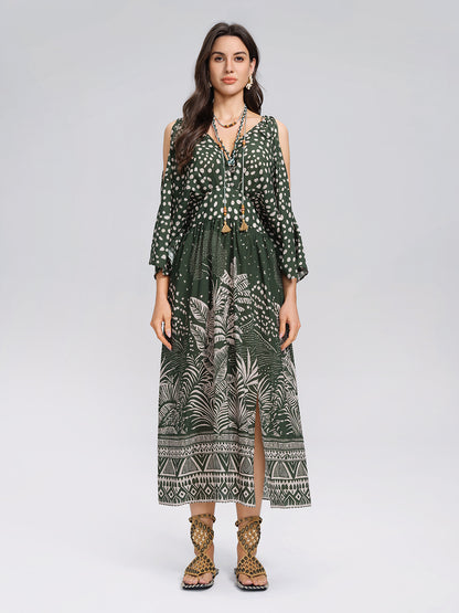 Tropical Botanical Print Off Shoulder Dress