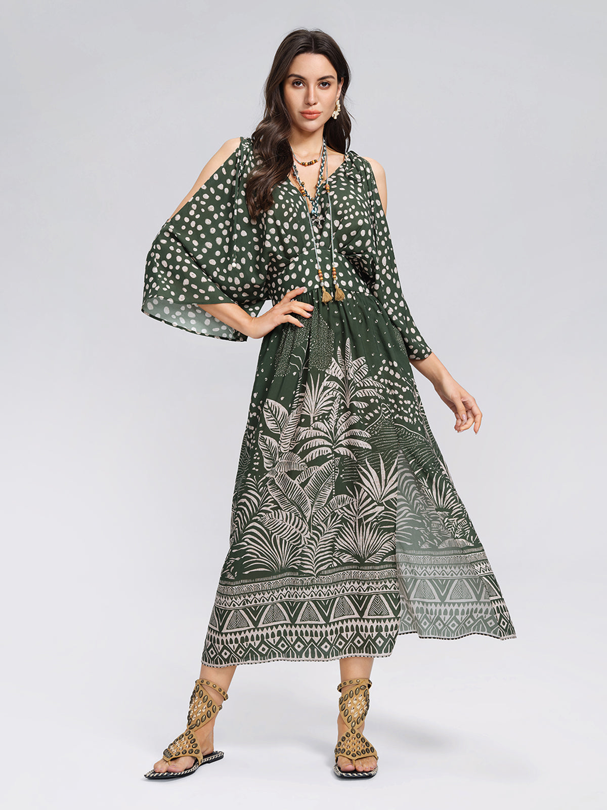 Tropical Botanical Print Off Shoulder Dress