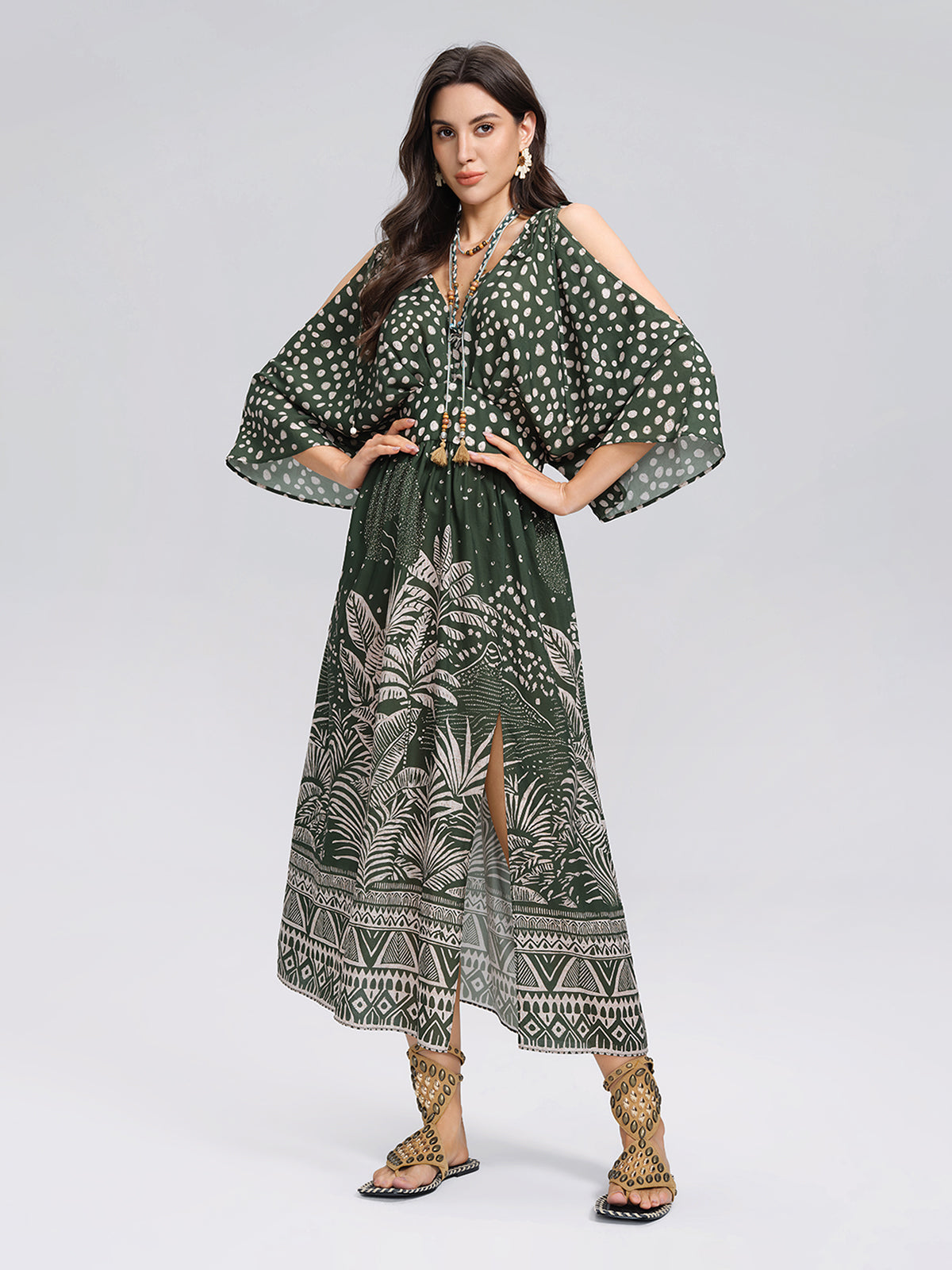 Tropical Botanical Print Off Shoulder Dress
