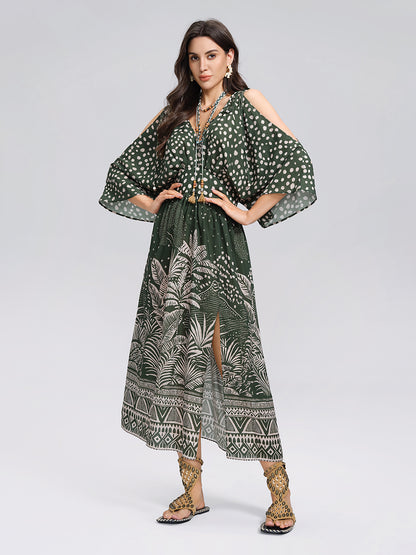 Tropical Botanical Print Off Shoulder Dress