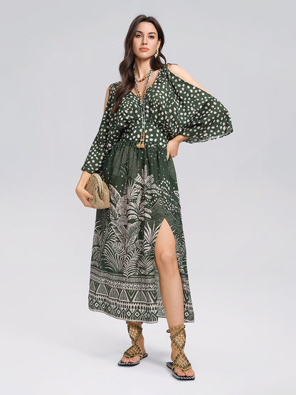 Tropical Botanical Print Off Shoulder Dress