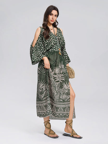 Tropical Botanical Print Off Shoulder Dress