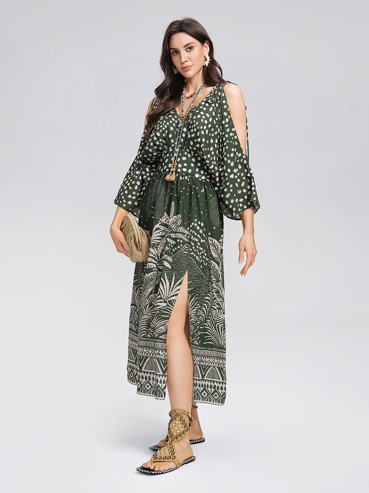 Tropical Botanical Print Off Shoulder Dress
