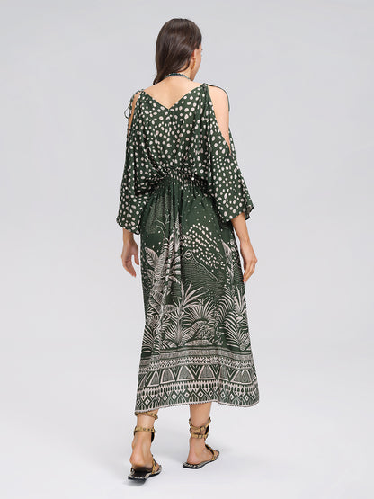 Tropical Botanical Print Off Shoulder Dress