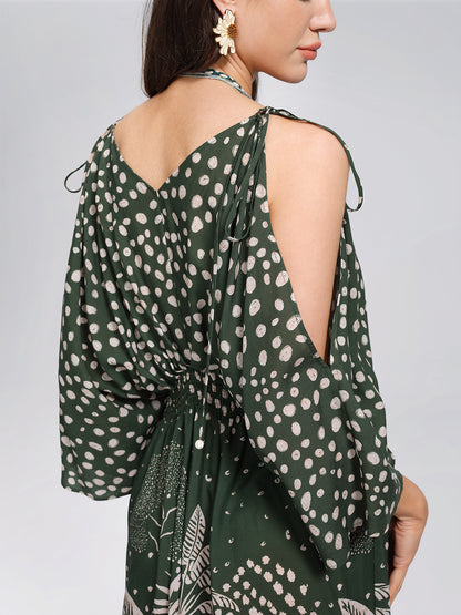 Tropical Botanical Print Off Shoulder Dress