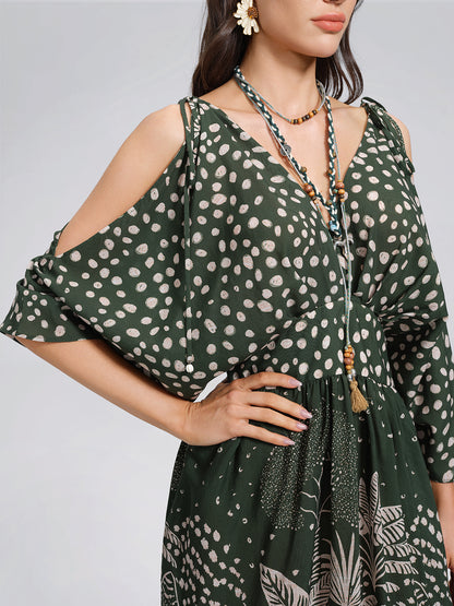 Tropical Botanical Print Off Shoulder Dress