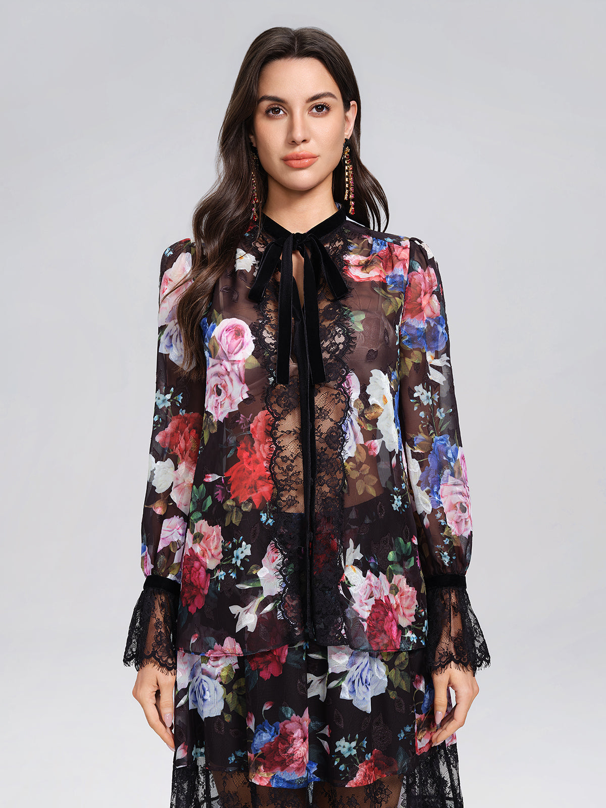 Oil Rose Print Lace Trim Blouse