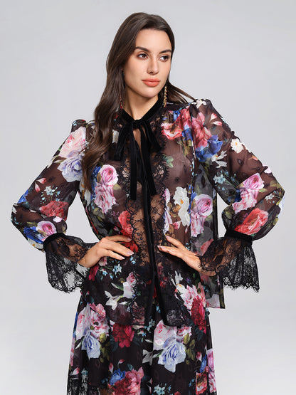 Oil Rose Print Lace Trim Blouse