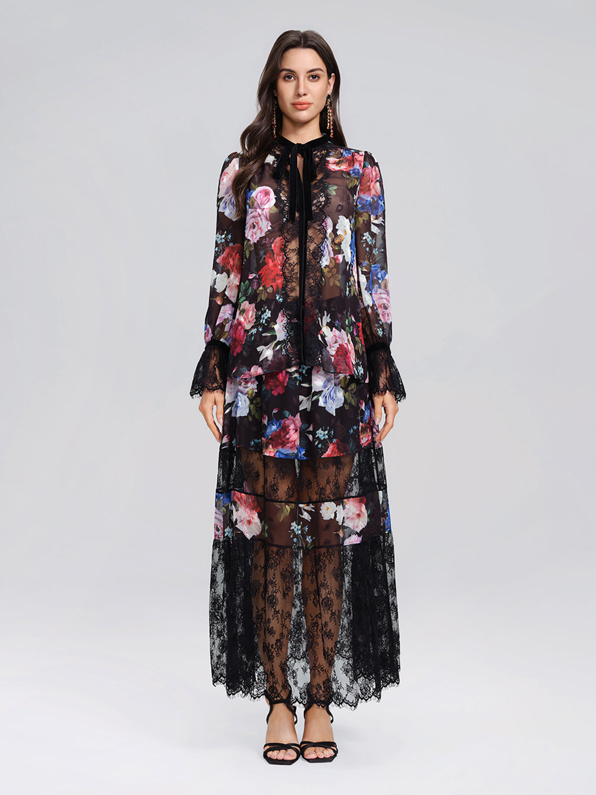 Oil Rose Print Lace Trim Blouse